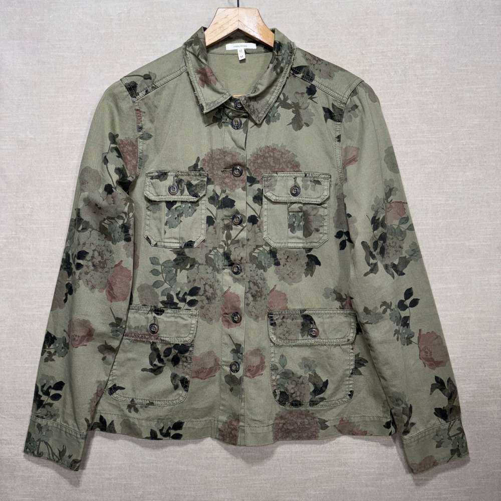 Maurices Distressed Floral Utility Jacket M Army Green Feminine Cottage Retro